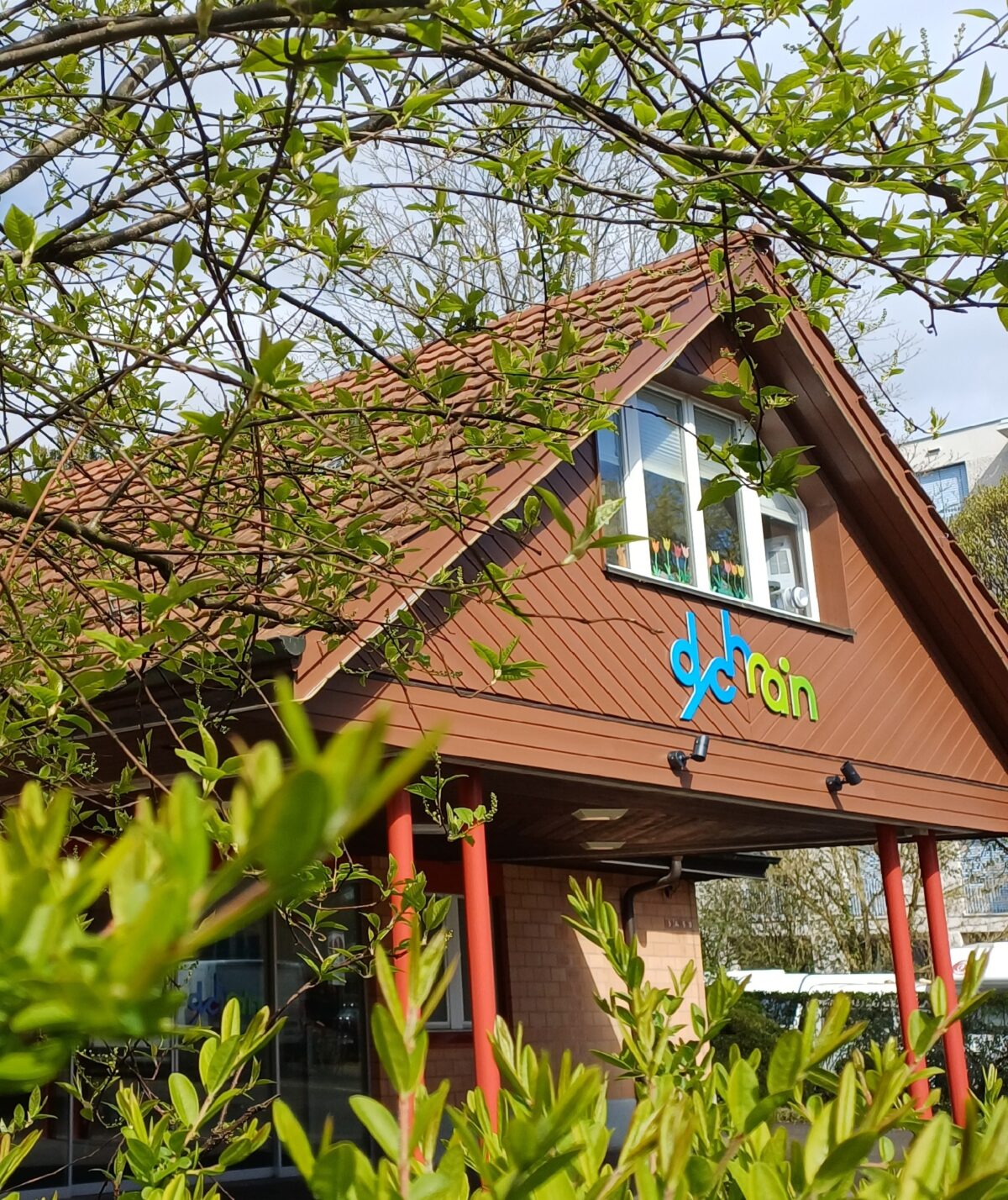 Ein Gebäude mit dem Schild "dychrain" und grünen Blättern im Vordergrund.