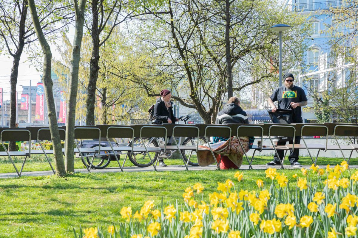 Menschen sitzen auf Bänken in einem Park mit blühenden Narzissen.