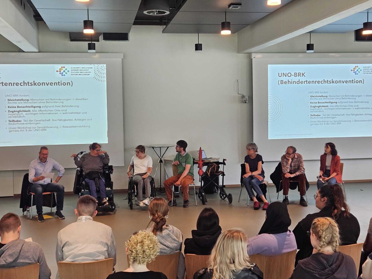 Eine Gruppe von Menschen diskutiert über die UN-BRK in einem Seminarraum.